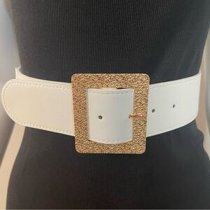 Plus size white PU leather gold tone square buckle elastic waistband belt